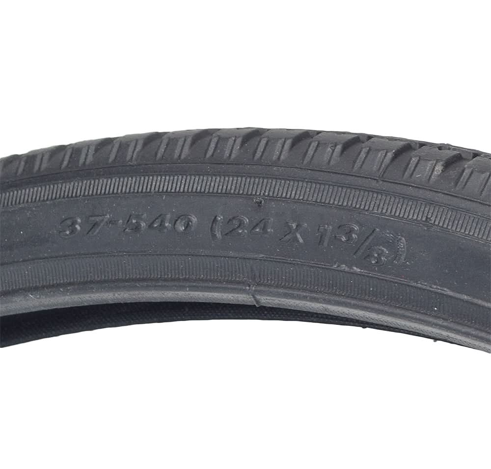 24x1-3/8 (37-540) Black Pneumatic Wheelchair Tire with C63 Tread; close-up shows detailed tread pattern and sidewall markings. Fits Merits and other wheelchairs, suitable for both indoor and outdoor use.