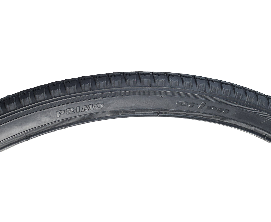 24x1-3/8 (37-540) Black Pneumatic Wheelchair Tire with C63 Tread, showcasing a close-up of the tread and a visible logo, suitable for both indoor and outdoor use.