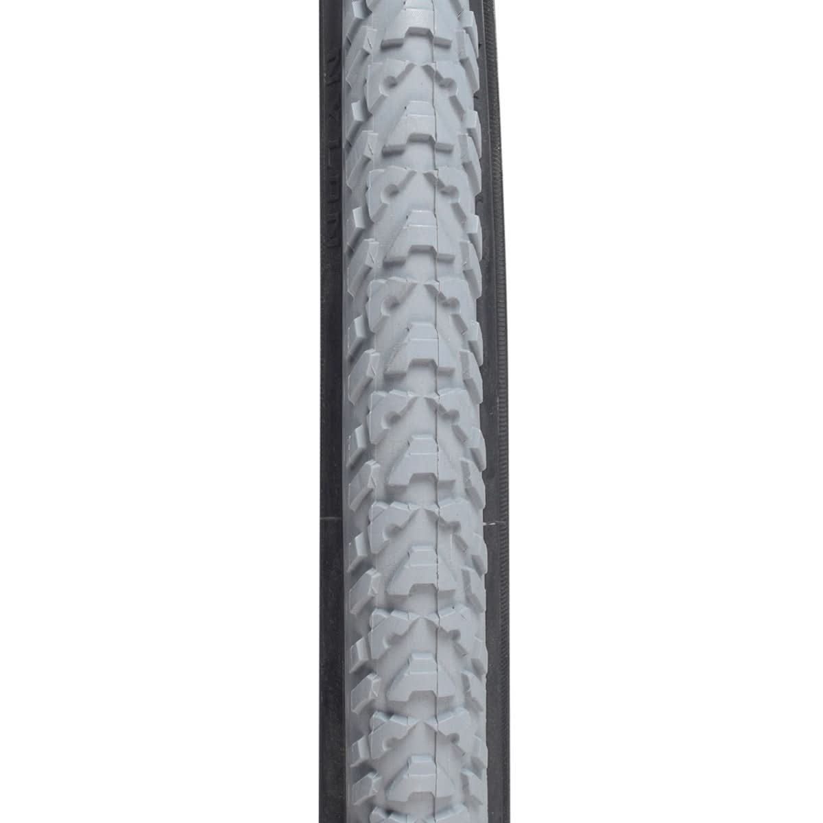 Close-up of the 24x1-3/8 Gray Pneumatic Wheelchair Tire with C763 Tread, showcasing its knobby tread pattern and durable rubber construction on a white background.