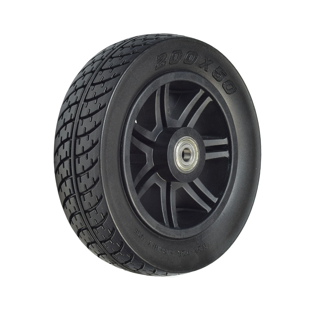 8x2 (200x50) Black Flat-Free Front Wheel Assembly for the Drive Medical Spitfire Scout 3-Wheel Scooter, featuring a black heavy tread tire and black rim.