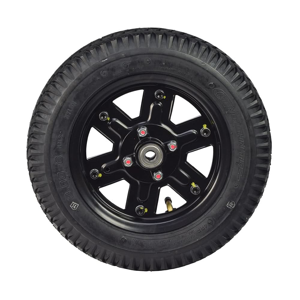 3.00-8 Front Wheel Assembly for the Drive Cobra GT4, featuring a black tire with a black rim, inner tube, and bearings. Ideal for pre-serial number 2W1312000074 Cobra mobility scooters.