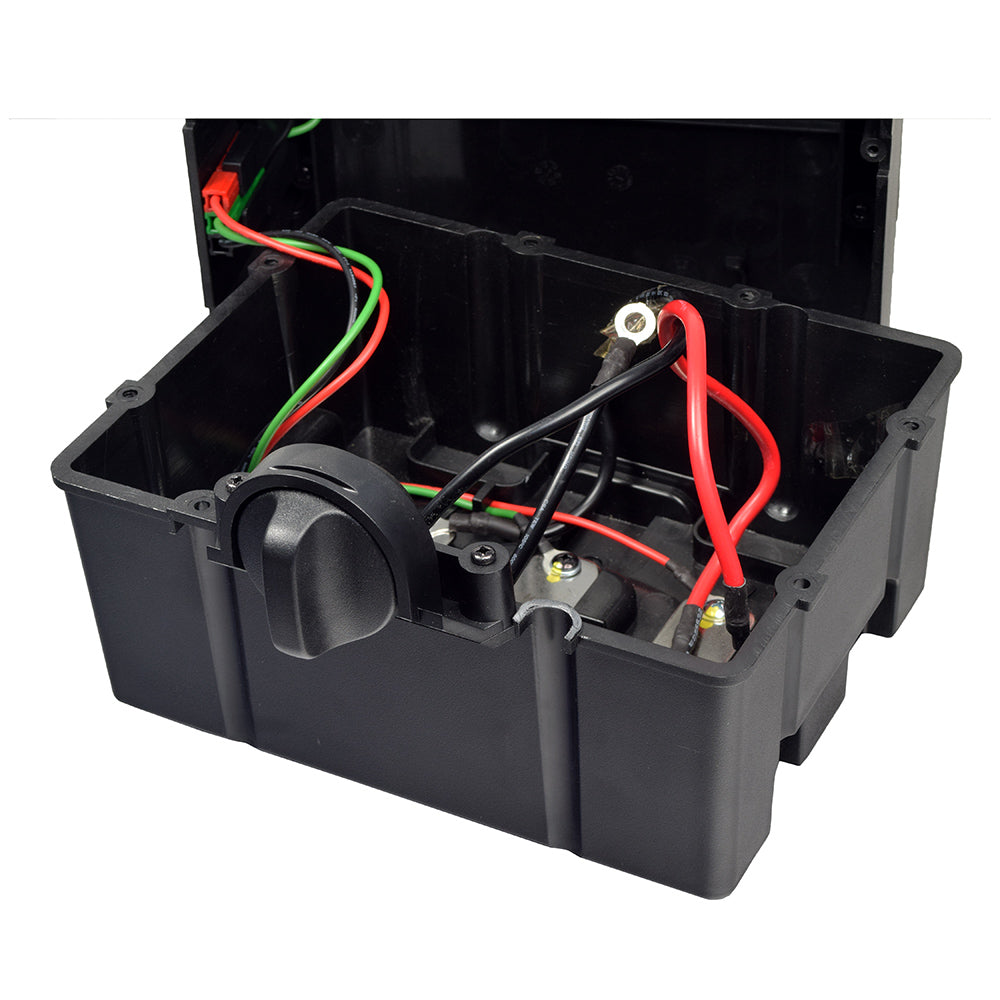 Battery Box for the Drive Medical Phoenix HD3 & HD4 (Blemished), showing a black box with attached wires, essential for mobility scooters, with an easily replaceable jumper wire.