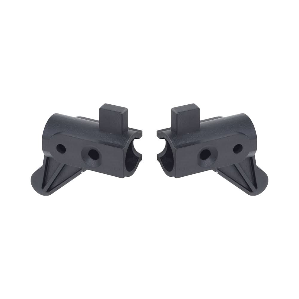 Backrest Pivot Brackets for Drive Medical Rollators (Set of 2) – Close-up view of two black plastic parts with holes, designed as replacement backrest pivot brackets for rollators.