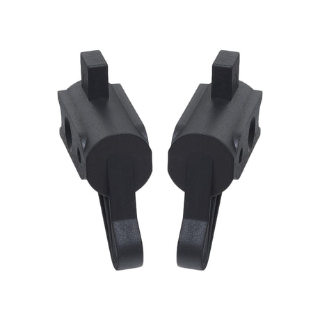 Backrest Pivot Brackets for Drive Medical Rollators (Set of 2) - a pair of black plastic objects, each with holes and screws, designed as replacement backrest pivot brackets.