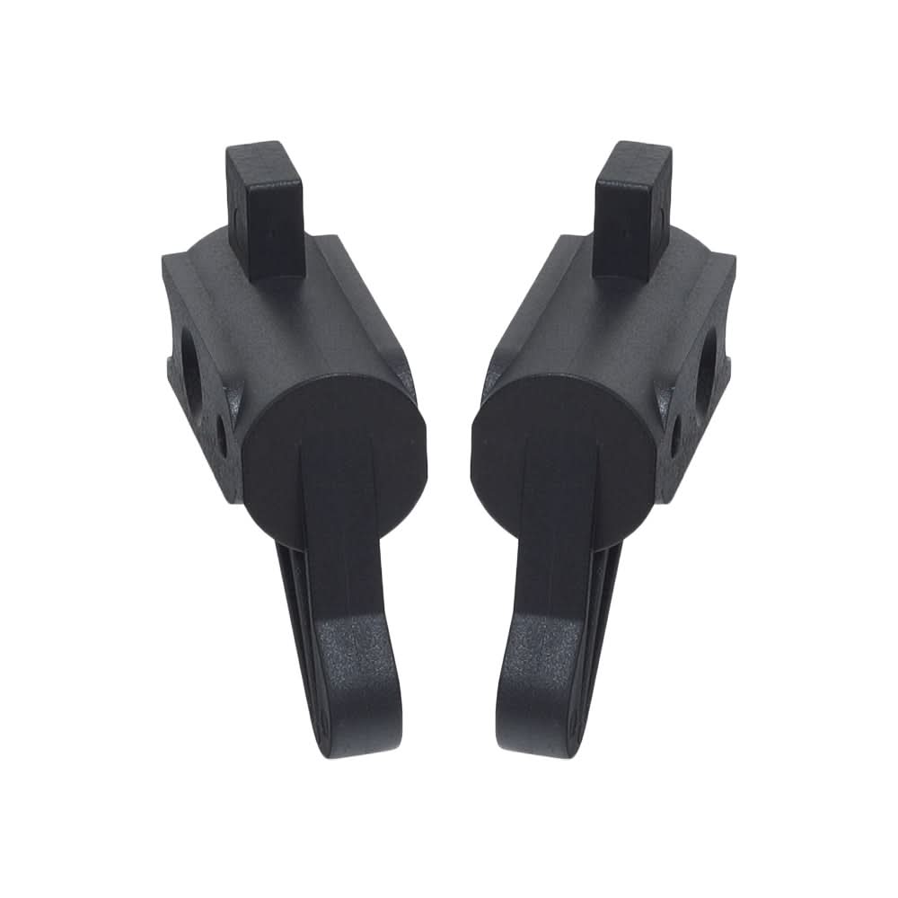 Backrest Pivot Brackets for Drive Medical Rollators (Set of 2) - a pair of black plastic objects, each with holes and screws, designed as replacement backrest pivot brackets.