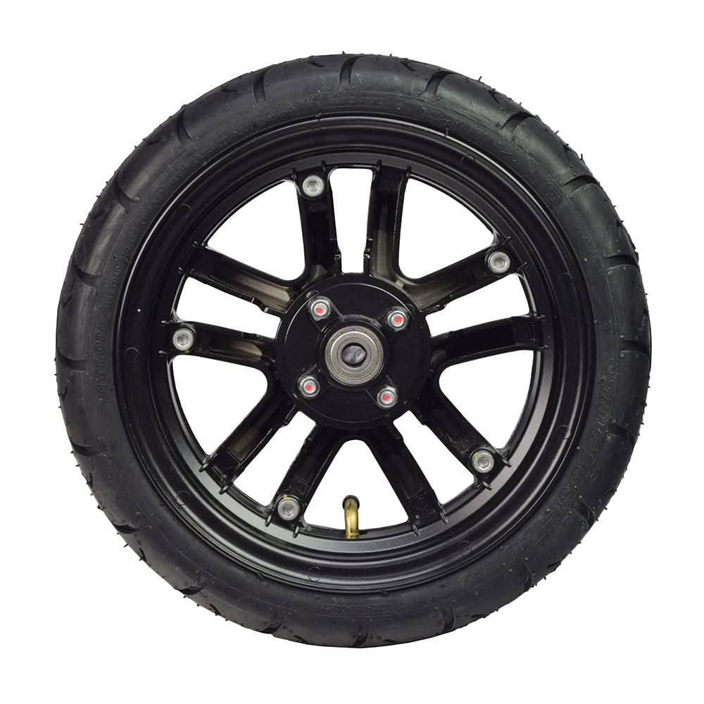 100/55-10 (14x4) Front Wheel Assembly for the Drive Cobra GT4, featuring a low-profile black tire, black 10 rim, and complete with inner tube and bearings.