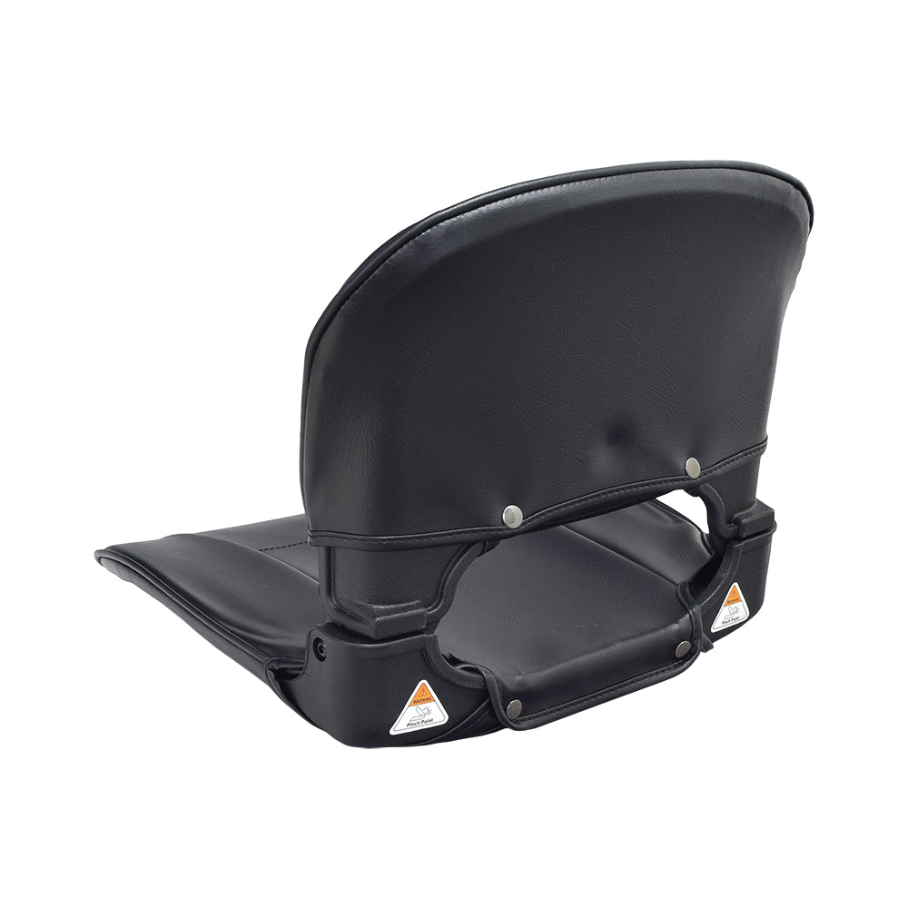 Black Seat for the Drive Medical Spitfire Scout (SFSCOUT3/SFSCOUT4) featuring removable black vinyl seat base and back covers, includes visible orange and white labels, and a triangle logo on the back.