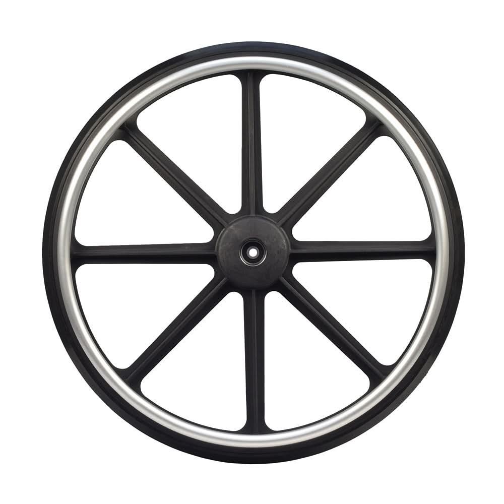 Rear Wheel for the Drive Viper Plus GT Wheelchair, featuring a black wheel with a silver rim, Mag-style design, and slick non-tread solid tire.