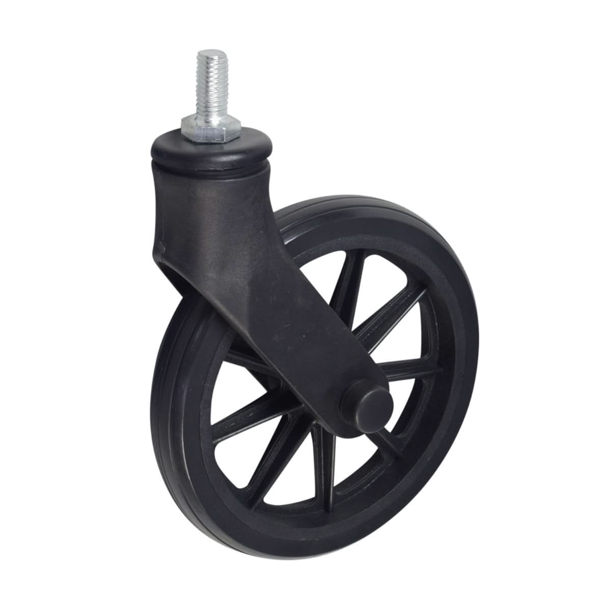 Front Caster Assembly for the Drive Medical Rollator with 6 Wheels (R800) and Drive Medical Aluminum Rollator with 6 Casters (R726), featuring a black wheel with a black plastic handle and metal nut.