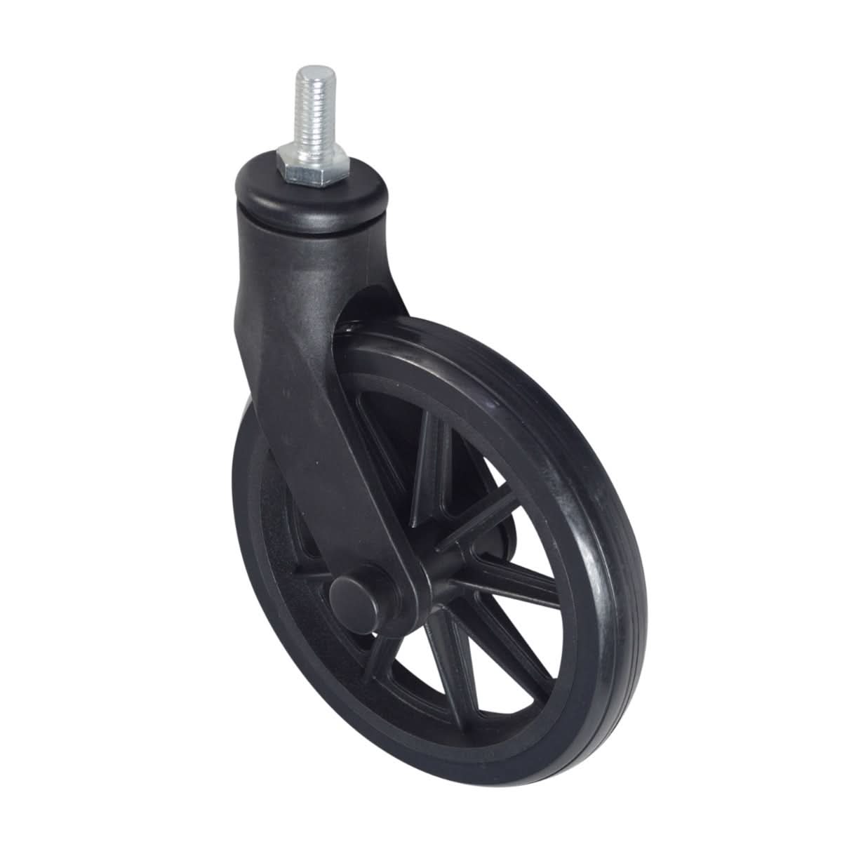 Front Caster Assembly for Drive Medical Rollator with 6 Wheels (R800), and Drive Medical Aluminum Rollator with 6 Casters (R726) showing a close-up of the black wheel with a central bolt.