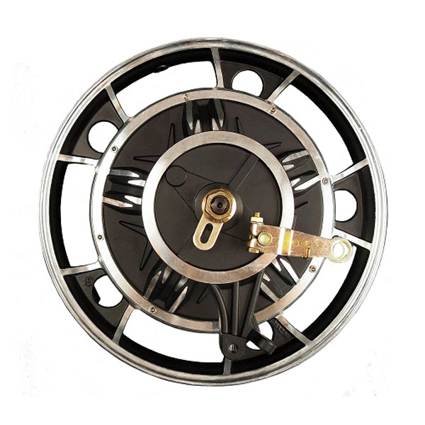 Front Rim & Hub Motor for the Drive ZooMe 3 featuring a black and silver wheel with a gold chain, showcasing a compact and self-contained design for easy installation and low maintenance.