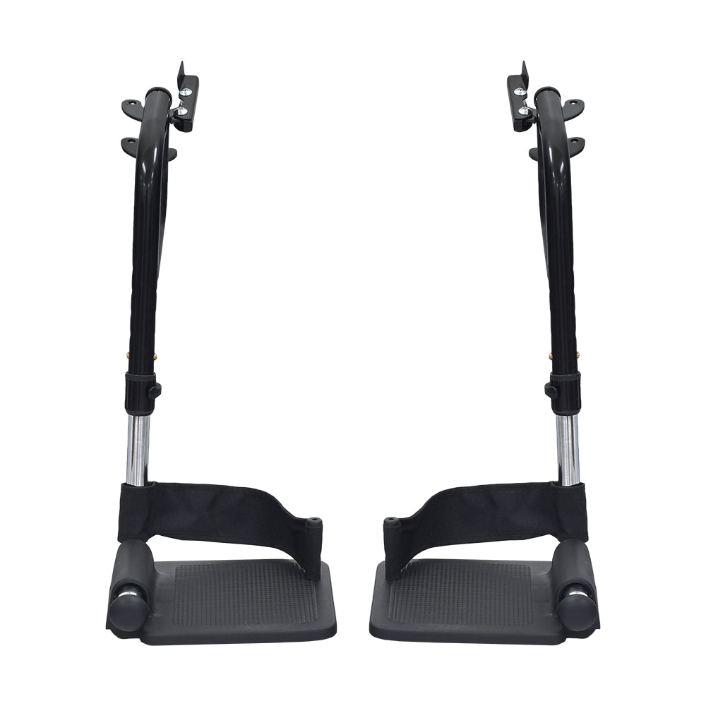 Swing-Away Footrest & Leg Rest Assembly for Wheelchairs (Set of 2) featuring black metal legs, height-adjustable tubes with push-in ball detent holes, and removable heel loops.