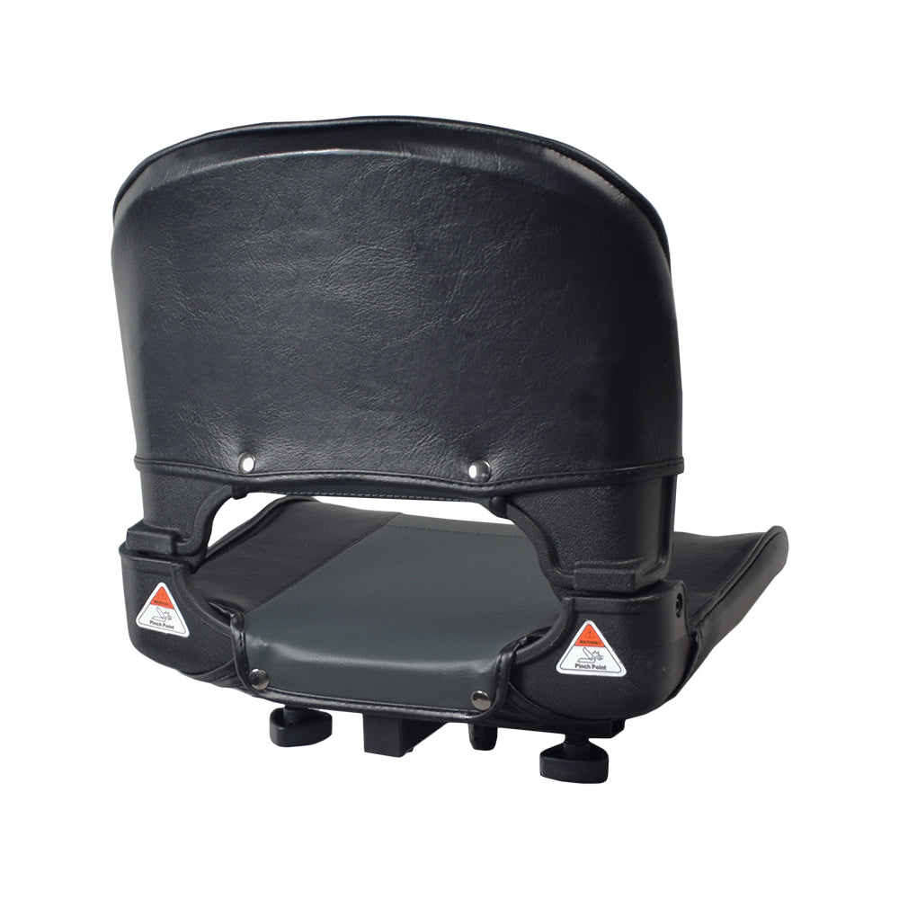 Deluxe Seat Assembly for the Drive Medical Spitfire Scout (SFSCOUT3/SFSCOUT4) featuring a cushioned black seat with rivets, designed for comfort and compatibility with scooters.