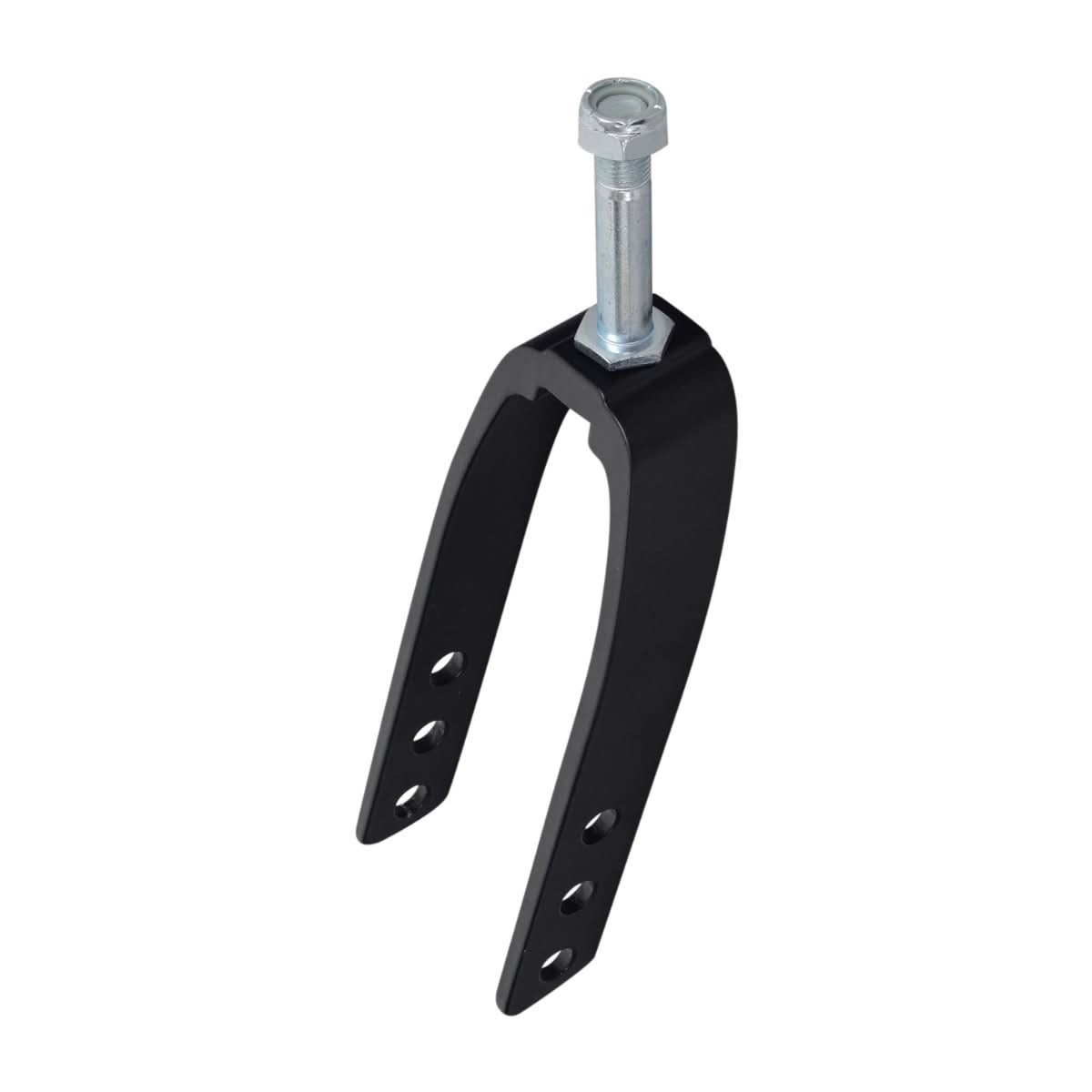 Front Caster Fork for Drive Medical Cruiser III, Chrome Sport, and Silver Sport 2 Wheelchairs; shown is a close-up of a black and silver metal fork with a bolt.
