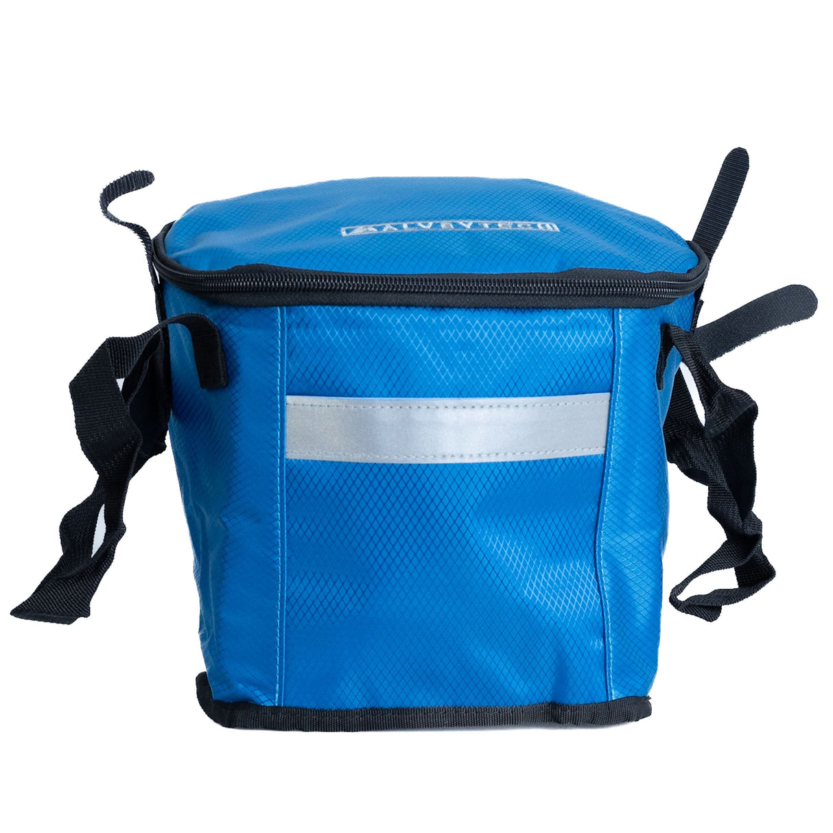Insulated Front Basket Bag for Mobility Scooters featuring black straps, a zippered main compartment, and a durable ripstop polyester construction, designed to fit common mobility baskets.
