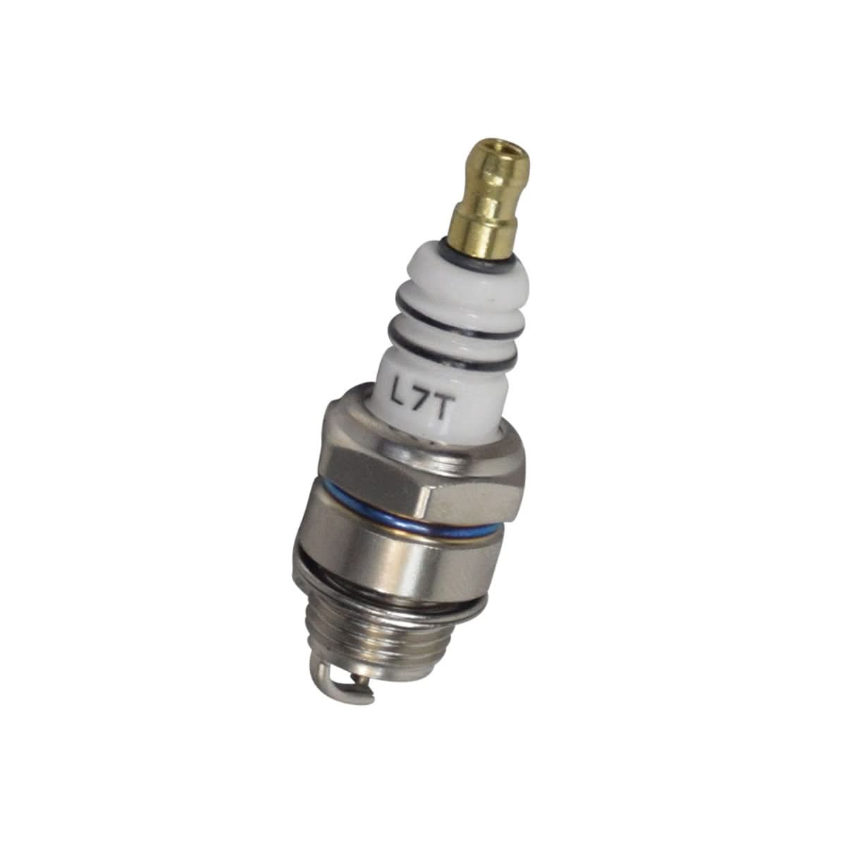 Close-up of a spark plug for 2-stroke engines, showing its metallic body and terminal nut. Ideal for 36cc-49cc gas scooter engines, commonly replaced to resolve electrical failures.