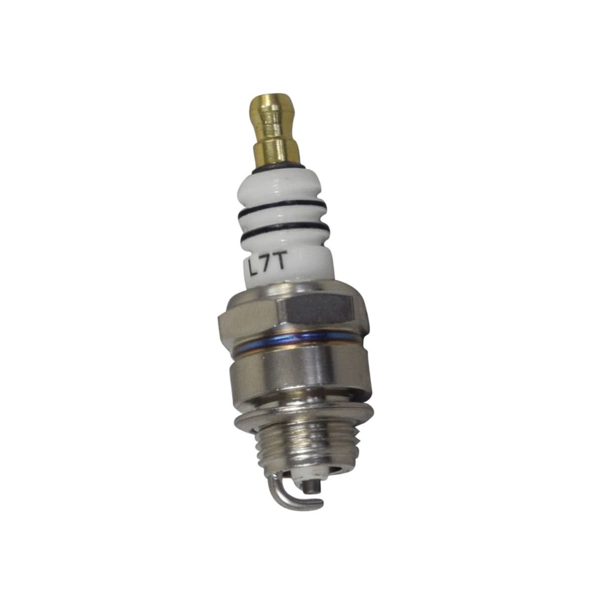 Close-up of a spark plug for 2-stroke engines, showcasing its metallic body and threaded end, highlighting its use in 36cc, 43cc, and 49cc gas scooters.