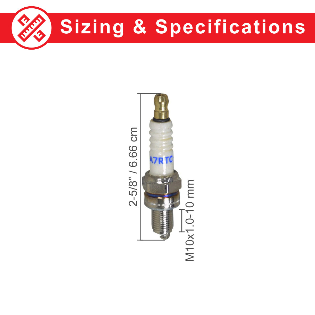 A7RTC Spark Plug with visible measurement markings, shown as a small, cylindrical component suitable for various classic scooters, motorcycles, and motorbikes.