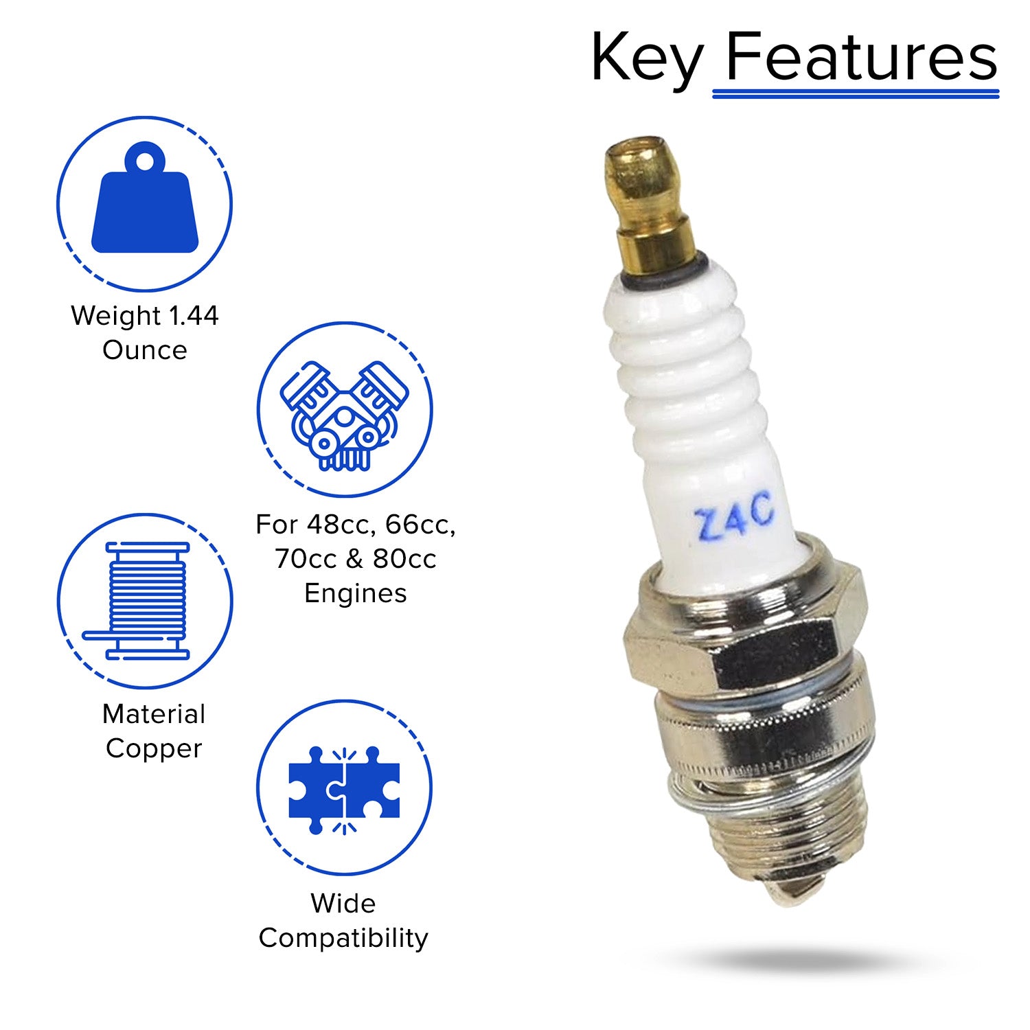 Close-up of the Z4C Spark Plug for 80cc 2-Stroke Bicycle Engine Kits, showcasing its metallic structure and threading, designed to fit small gas engines in various displacement ranges.