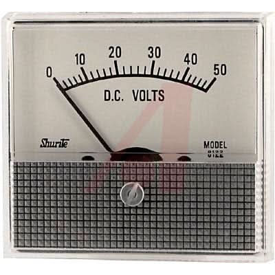 Close-up of a DC Voltmeter with Range up to 50 Volts, featuring a clear analog display with black text on a white field, enclosed in a polystyrene case with metal scales.