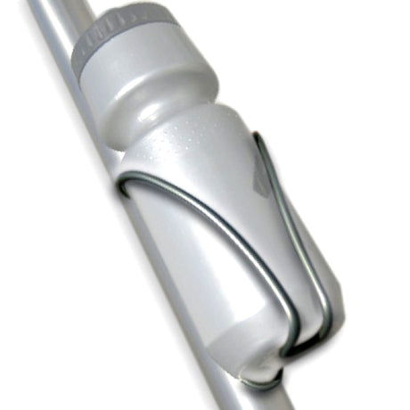 Close-up of the Delta Inox Bottle Cage, showcasing its tubular stainless steel design with a satin titanium finish. This lightweight, robust hydration holder is ideal for mounting on a bike's down tube or seat tube.