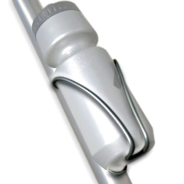 Close-up of the Delta Inox Bottle Cage, showcasing its tubular stainless steel design with a satin titanium finish. This lightweight, robust hydration holder is ideal for mounting on a bike's down tube or seat tube.