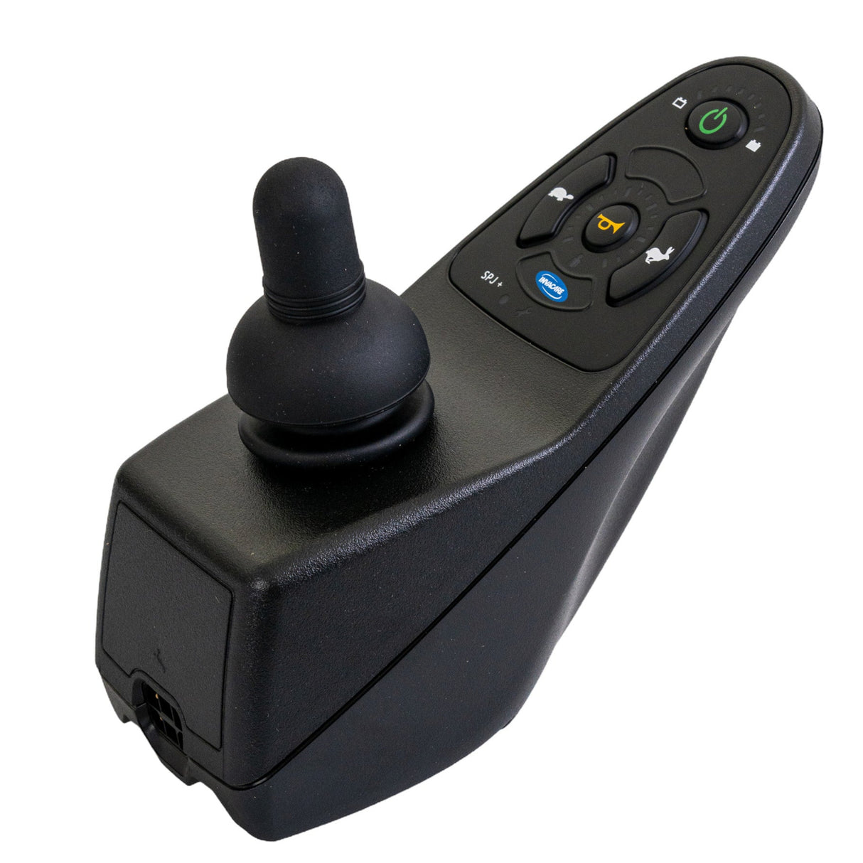 SPJ+ Joystick for Invacare Power Chairs, featuring a black remote control with several buttons. The joystick controller is designed for various Invacare models but isn't interchangeable with the Dynamic Shark joystick.