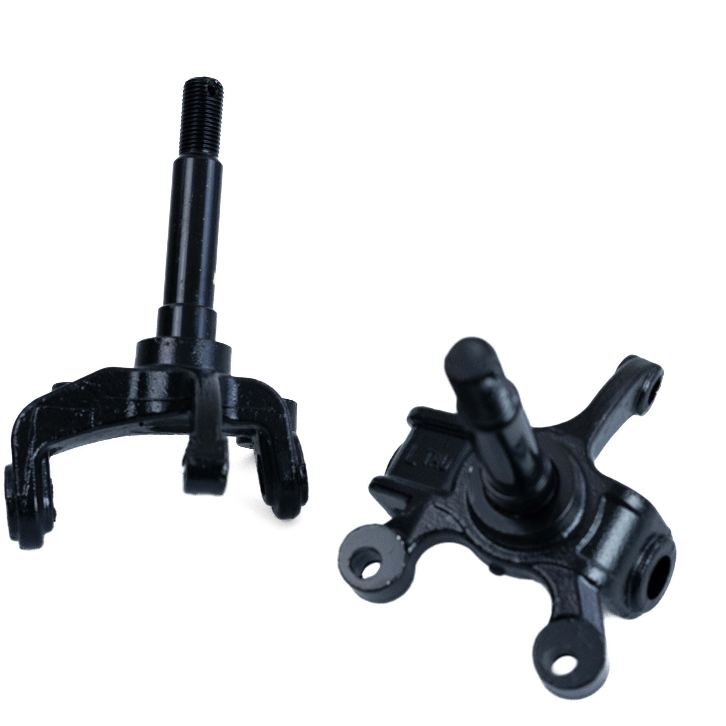 Spindle Wheel Mount Set (Left & Right) for Coleman AT200-B ATV, featuring black metal spindles with drilled studs and black handles, essential for front suspension.