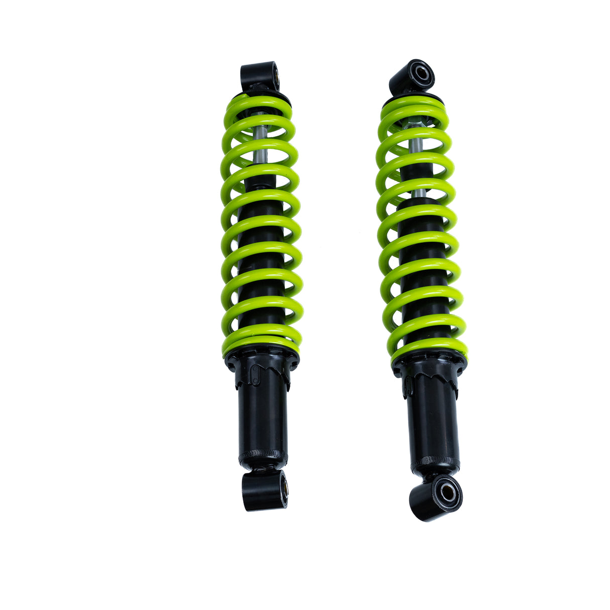 Front Shock Absorber for the Coleman AT200-B ATV (Set of 2) featuring green coil springs, designed to enhance comfort and reduce tire wear, shown on a black surface.