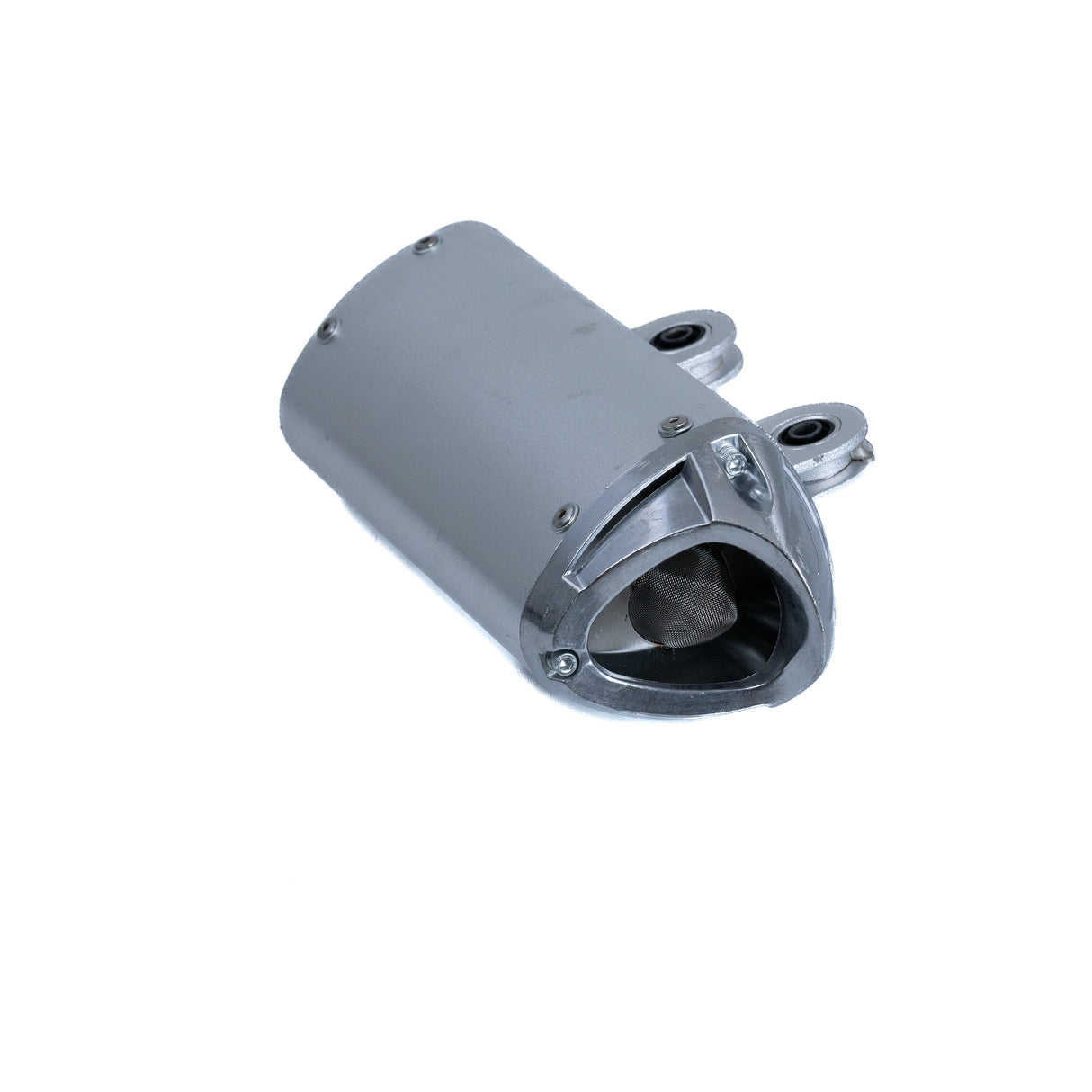 Muffler for the Coleman AT200-B ATV, featuring a silver finish with a round hole and wire mesh detail, shown in close-up.