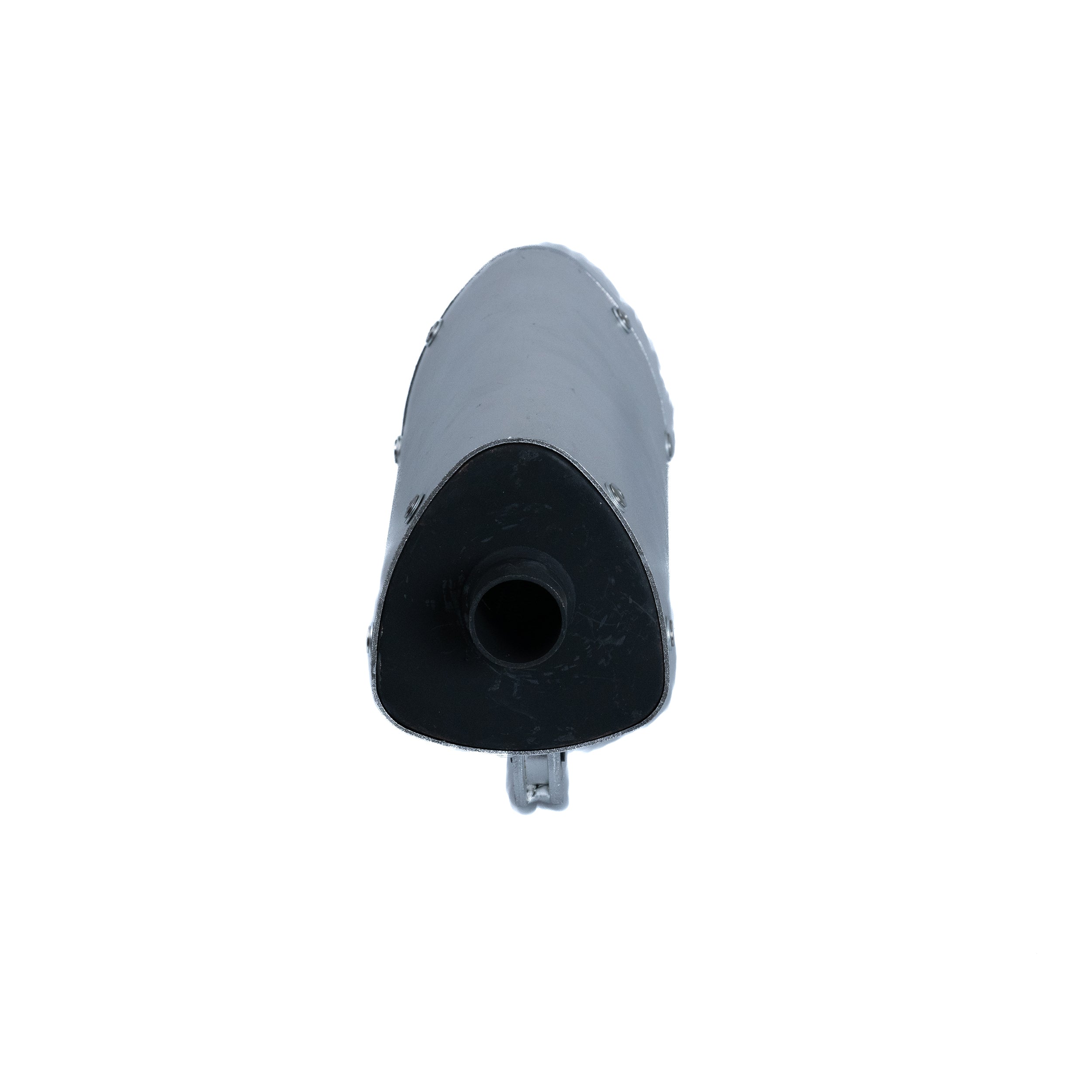 Muffler for the Coleman AT200-B ATV, featuring a close-up of its sleek, sandblasted silver finish and precise detailing, designed as an affordable replacement for damaged or missing exhaust parts.