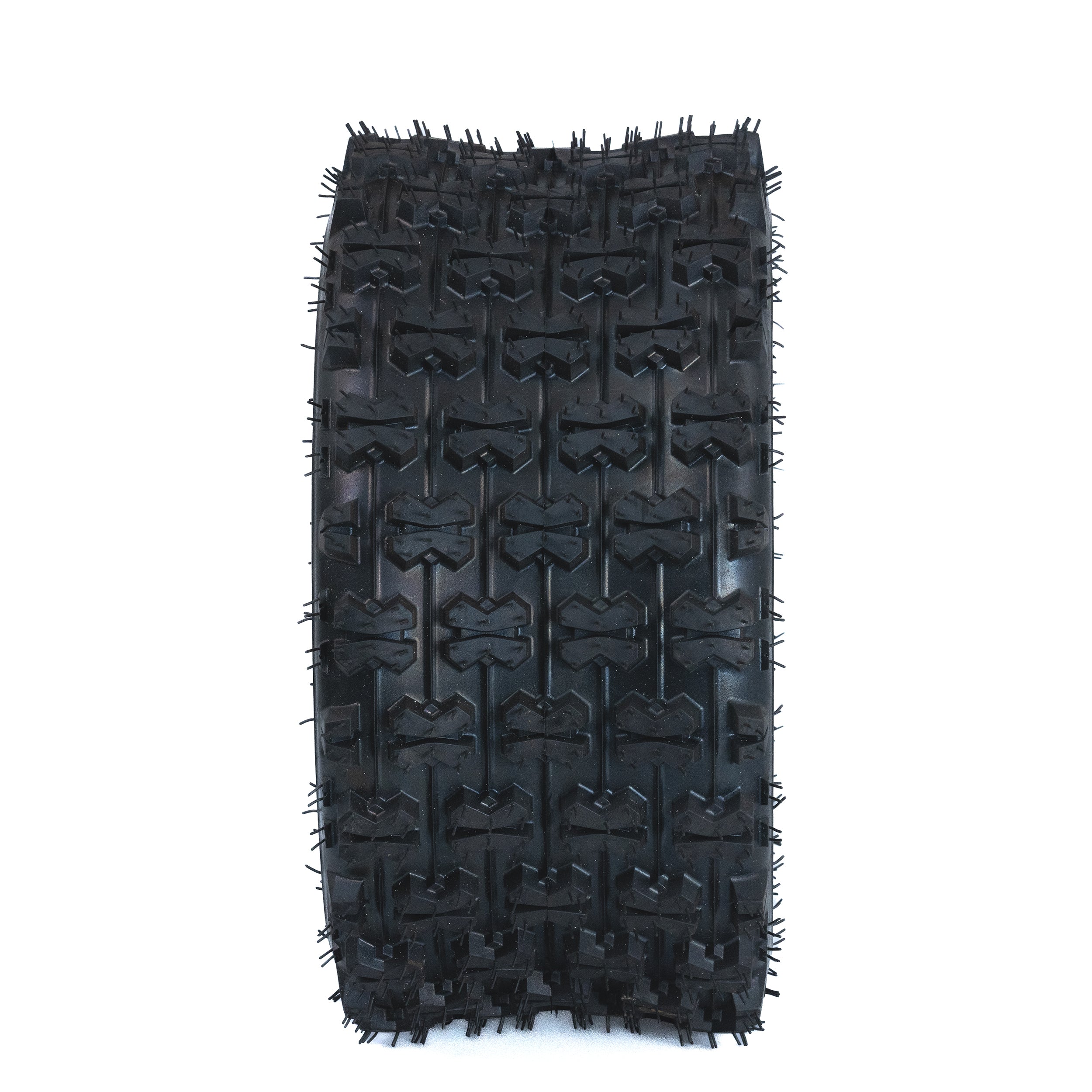 18x9.5-8 Rear Tire for Coleman AT125-EX & AT125-UT ATVs; close-up of a knobby tread black tire with spikes, ideal for muddy and soft surfaces, tubeless pneumatic design.