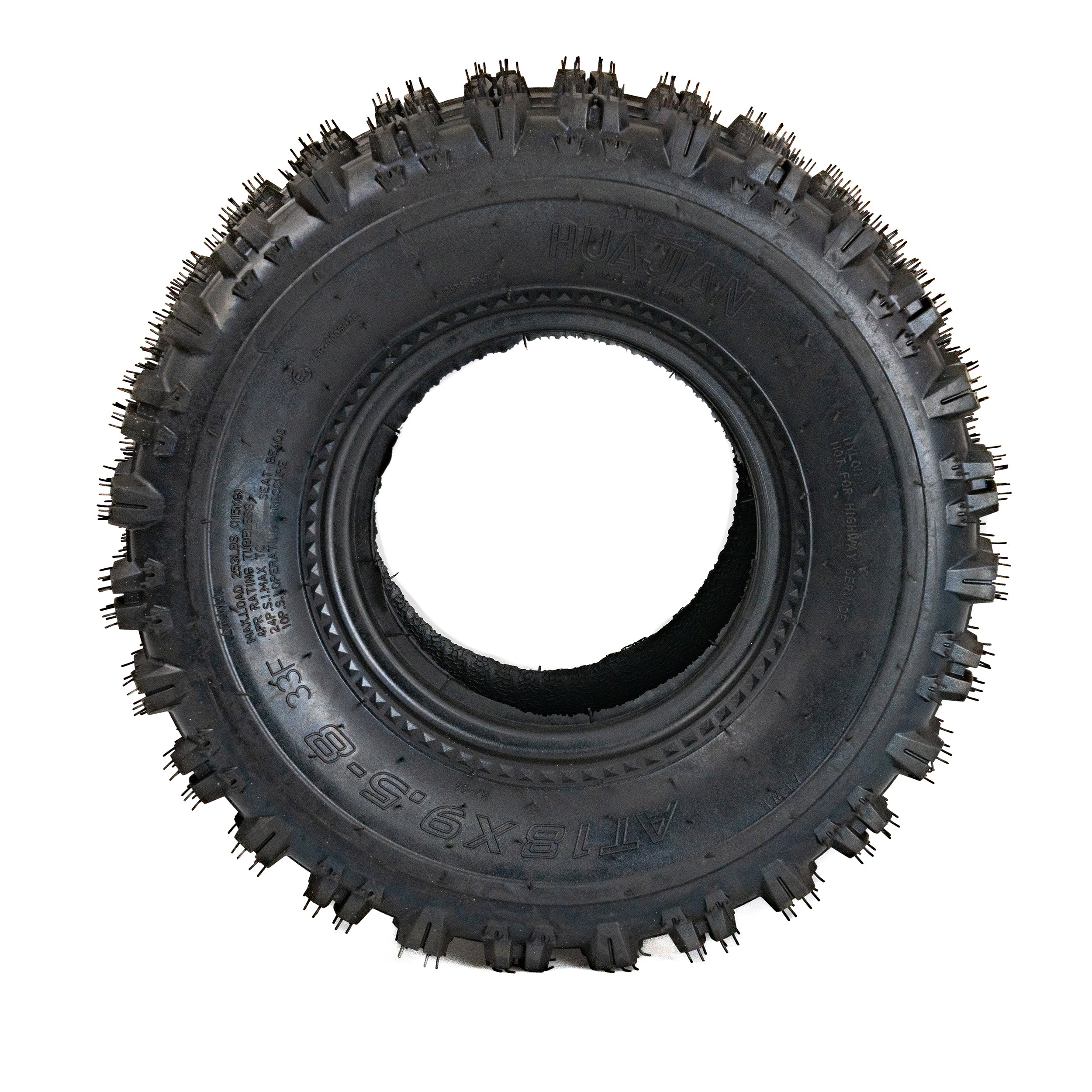 18x9.5-8 Rear Tire for Coleman AT125-EX & AT125-UT ATVs, featuring knobby spikes and a sturdy tread, perfect for tackling soft surfaces without needing an inner tube.