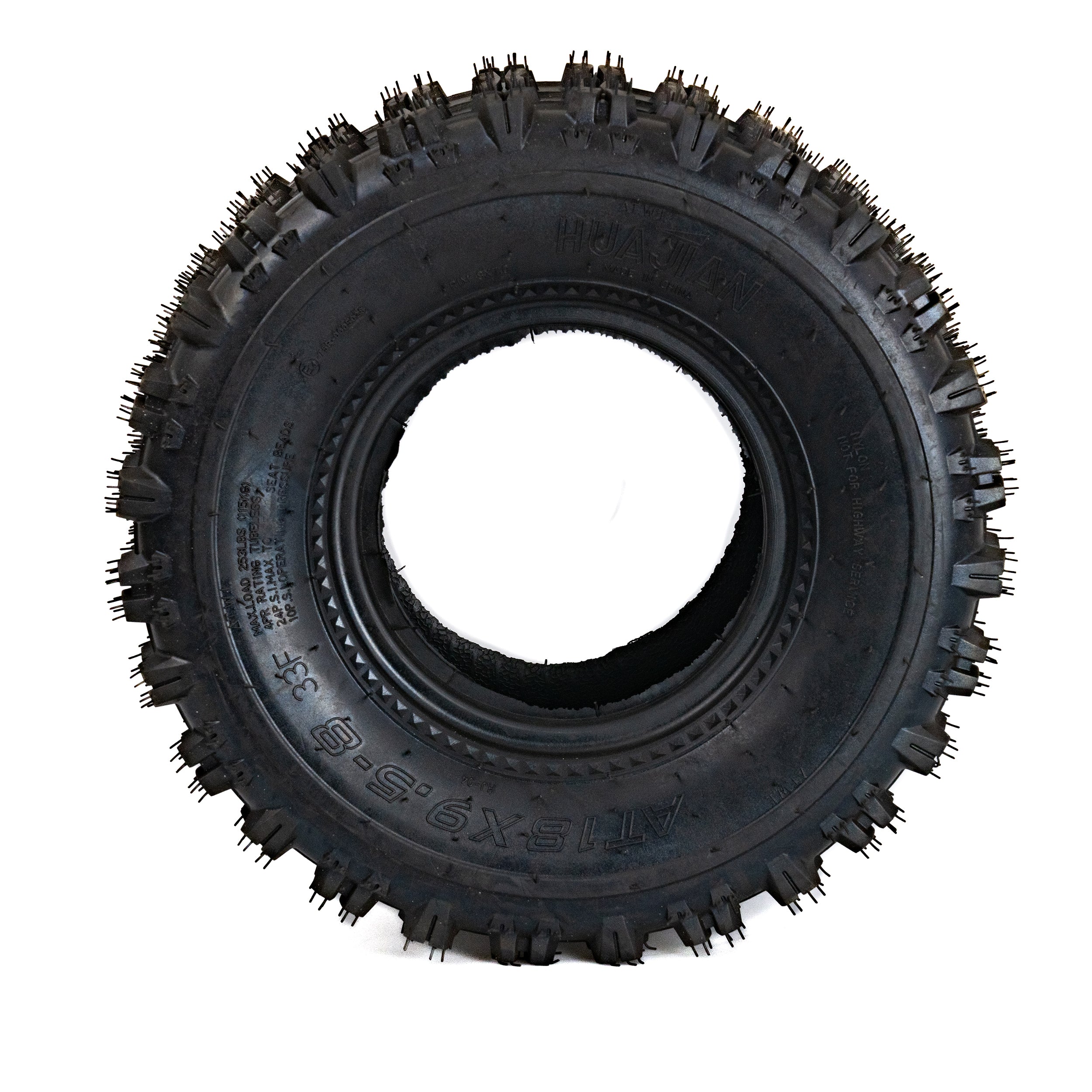 18x9.5-8 Rear Tire for Coleman AT125-EX & AT125-UT ATVs, featuring knobby tread and spikes for enhanced traction on soft surfaces, tubeless pneumatic design for durability.