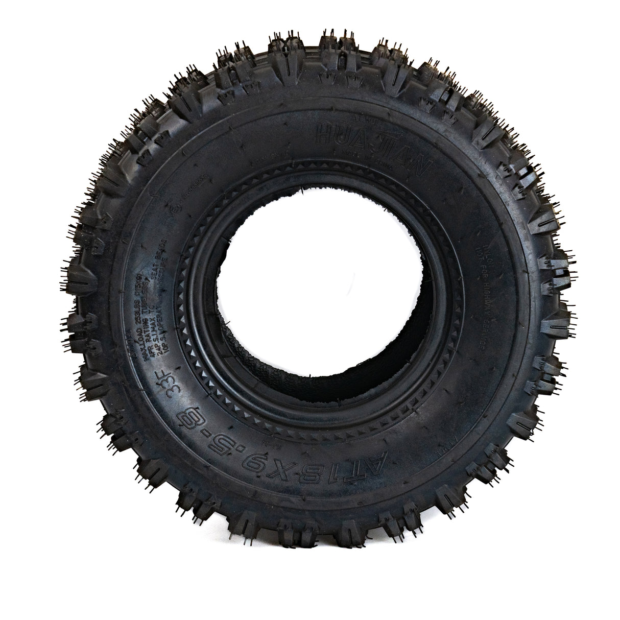 18x9.5-8 Rear Tire for Coleman AT125-EX & AT125-UT ATVs, featuring knobby tread and spikes for enhanced traction on soft surfaces, tubeless pneumatic design for durability.