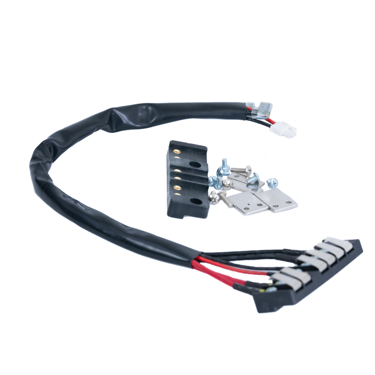 Connection Block Set, Rear & Front for Drive Medical Spitfire Scout SFSCOUT3/SFSCOUT4, Scout DST 3, and Scout DST 4 featuring black wire with red and white wires, metal connectors, and screws.