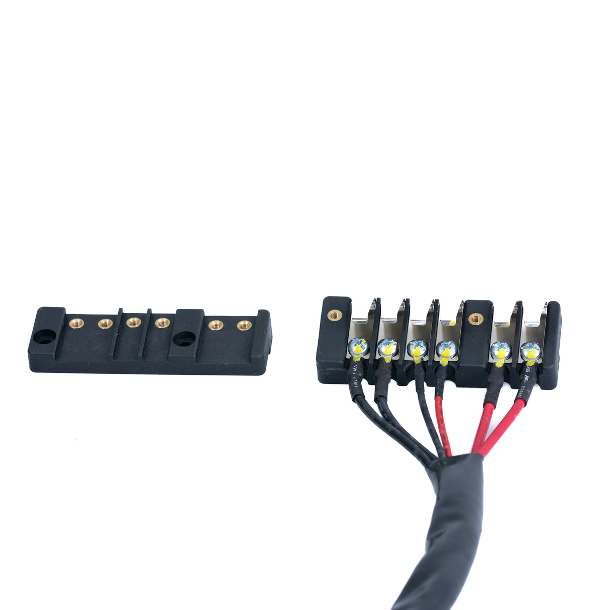 Connection Block Set, Rear & Front for Drive Medical Spitfire Scout, featuring a black electrical connector with wires and gold screws. Perfect for SFSCOUT3/SFSCOUT4, Scout DST 3, and Scout DST 4.