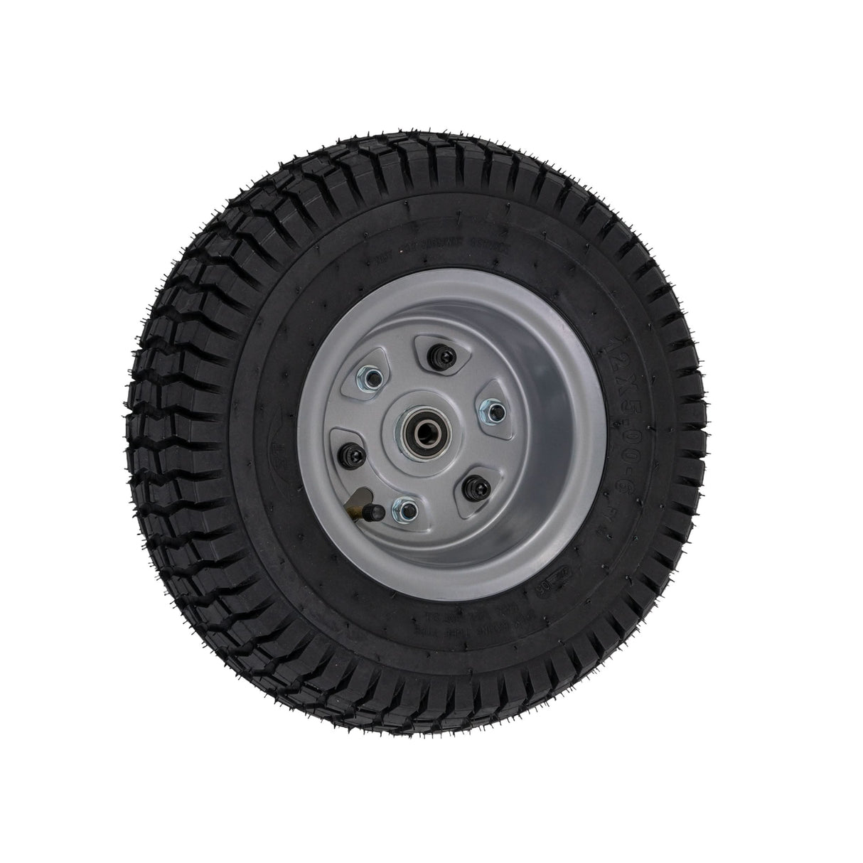 Razor Dirt Quad Front Wheel Assembly (Version 19+), featuring a black tire with a silver rim, complete with hub, bearings, and tread for optimal performance.