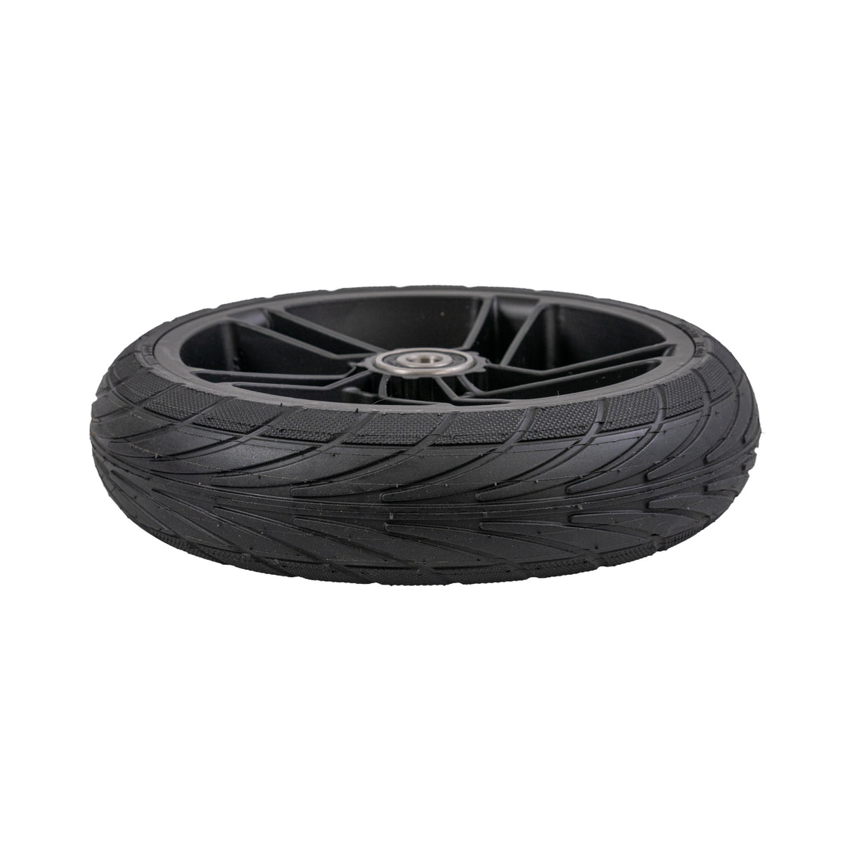 Rear Wheel Assembly for Ninebot ES1L Electric Scooters featuring a solid flat-free 8x2 tire mounted on a black plastic 5-spoke rim with pre-installed 6001RS bearings.