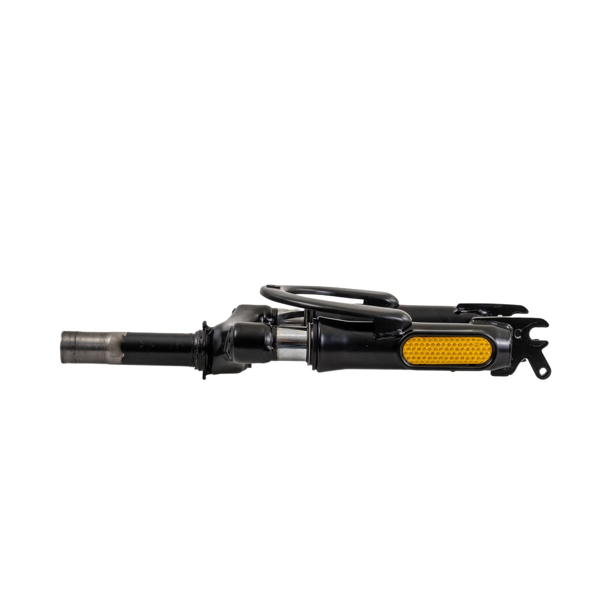 Front Fork for the GOTRAX Flex Electric Scooter featuring a detailed close-up of a black bicycle pedal with a yellow reflector attachment, highlighting precision engineering and sturdy construction.