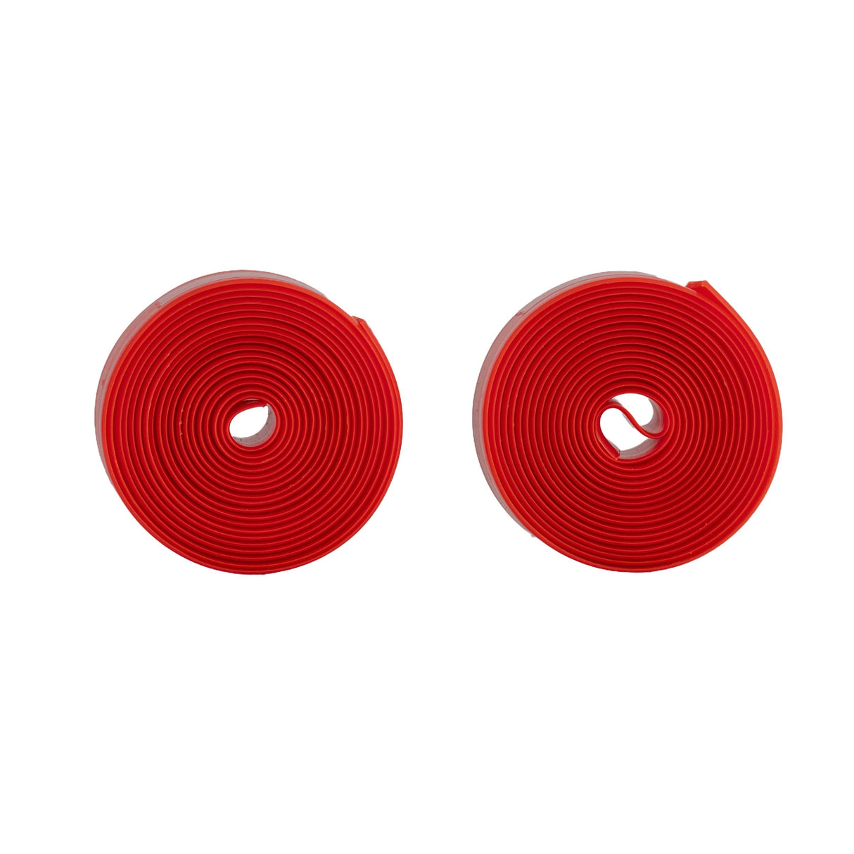 Flat Guard Orange Tire Liner Rim Tape for 26/29 x 1-7/8 - 2-1/2 shown as two tightly coiled red rolls, designed to protect bike inner tubes from punctures.