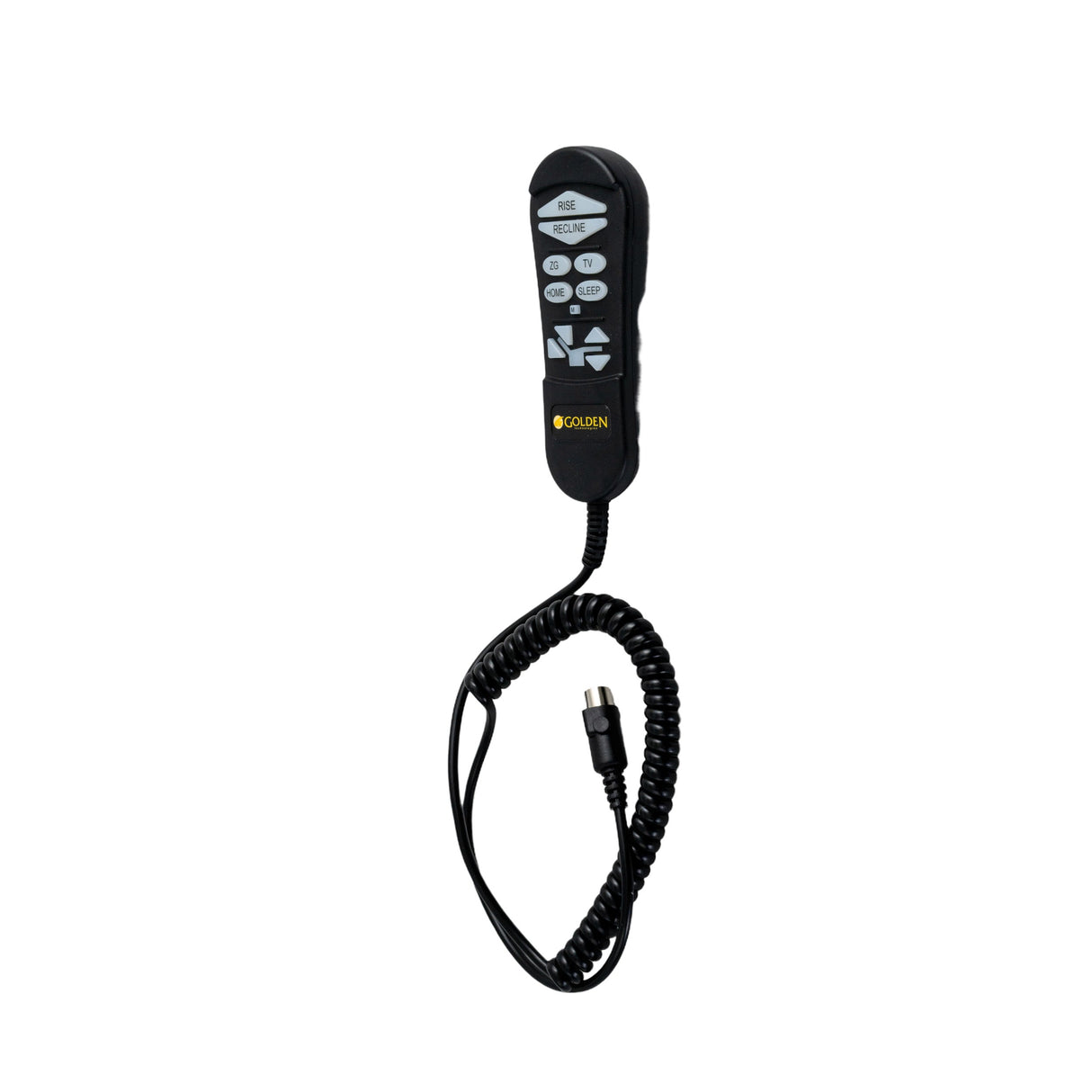 AutoDrive 3.0 7-Pin Hand Control for Golden Lift Chairs featuring a black remote with buttons, a coiled cable, and a silver connector, designed for easy position adjustments and enhanced safety.