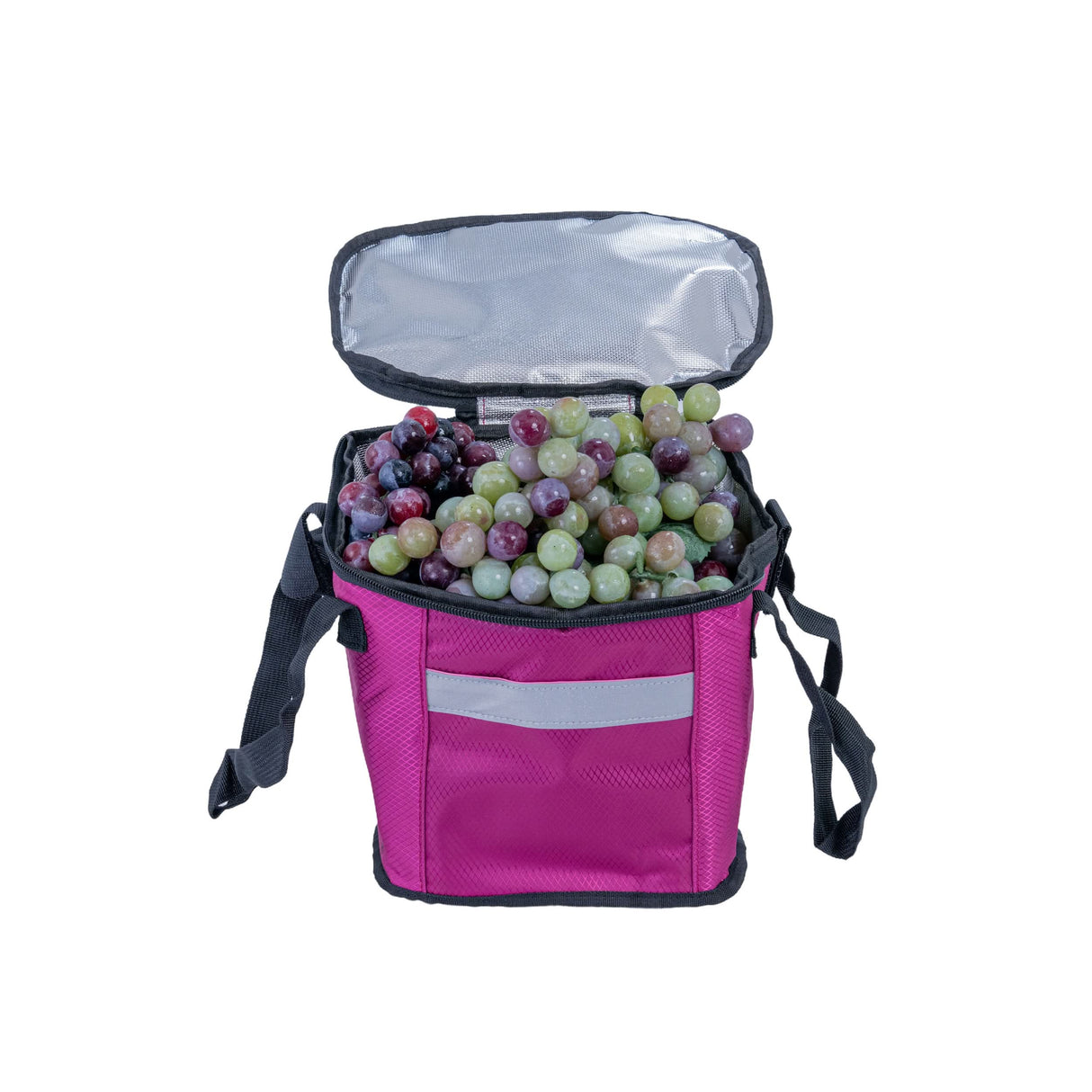 Insulated Front Basket Bag for Mobility Scooters filled with grapes, showcasing its spacious and versatile storage capacity.