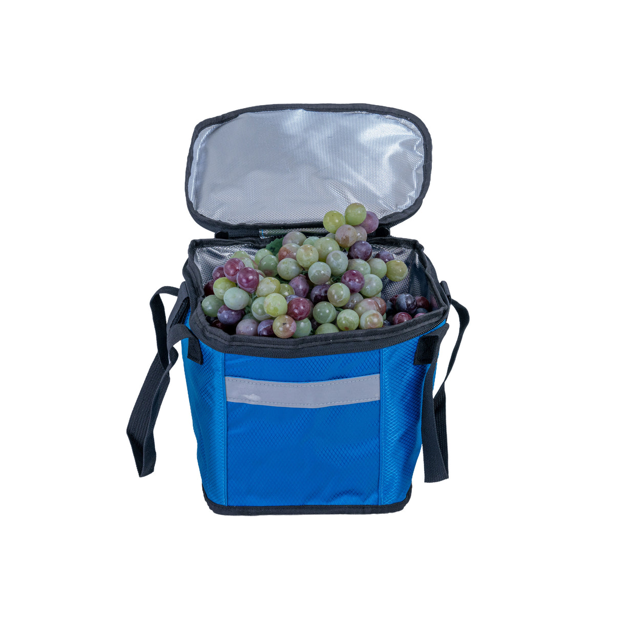 Insulated Front Basket Bag for Mobility Scooters filled with grapes, showcasing its spacious, zippered main compartment ideal for storing various items securely.