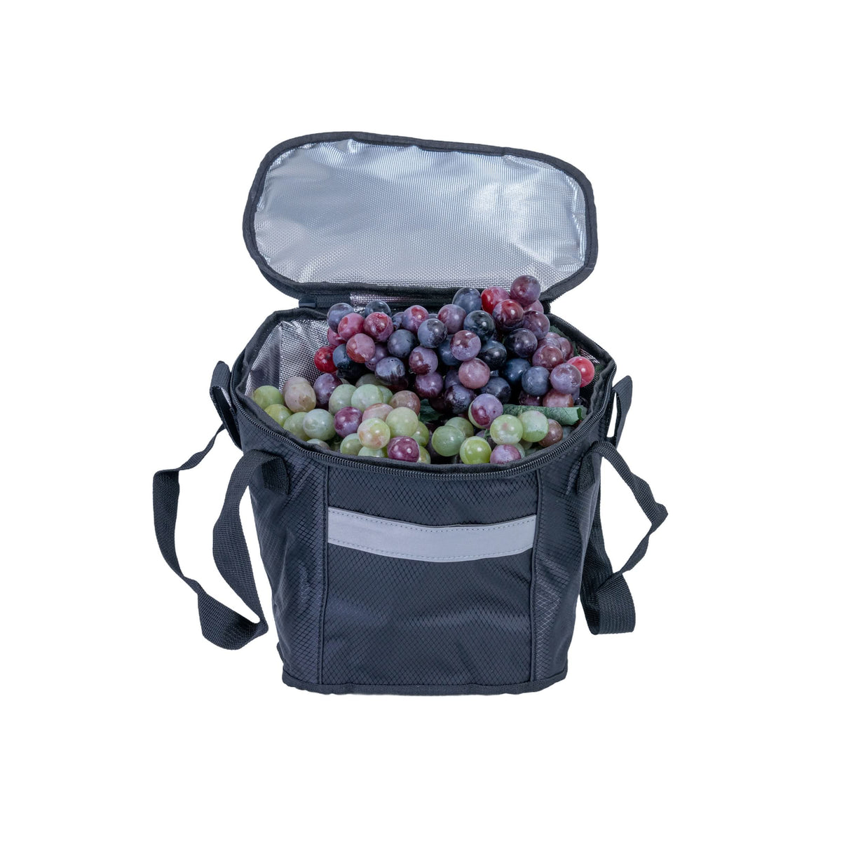 Insulated Front Basket Bag for Mobility Scooters filled with grapes, showcasing its spacious interior and strong construction, designed to fit common mobility baskets for brands like Go-Go and Pride Mobility.