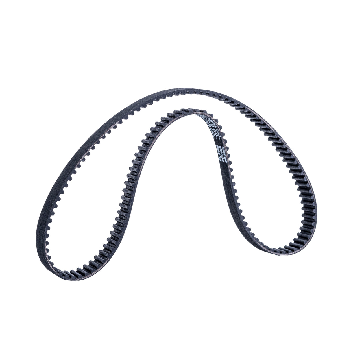 650-5M/15 Drive Belt: Close-up of a black belt with fine teeth, designed for electric scooters, measuring 650 mm in circumference and 15 mm wide with 130 teeth spaced 5 mm apart.