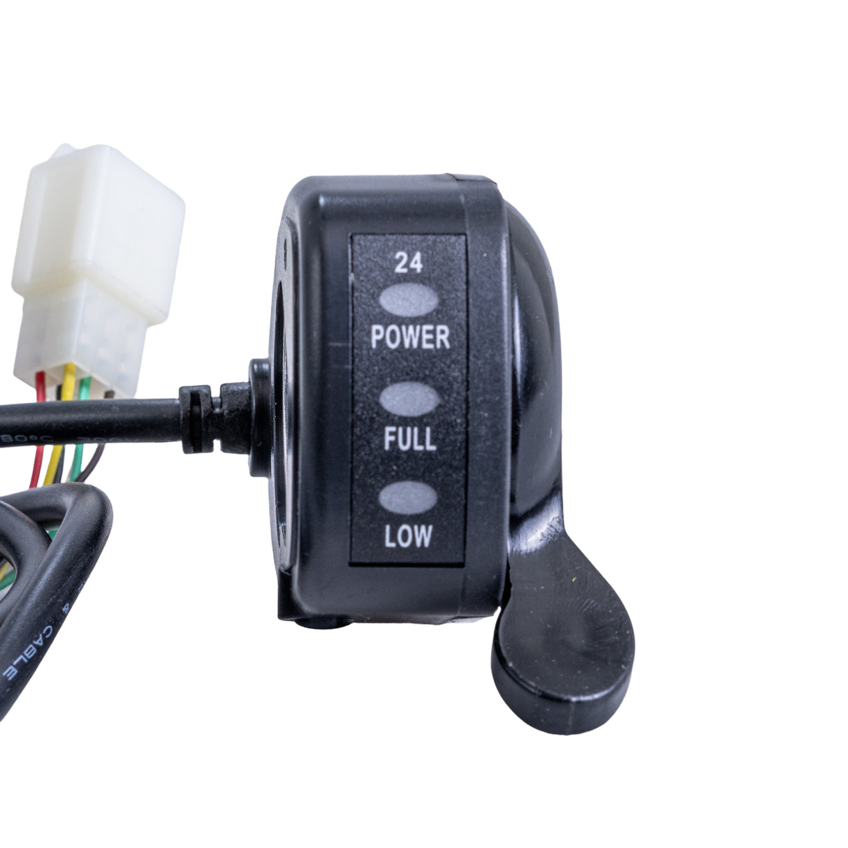 Close-up of the Razor Variable Speed 6-Wire Thumb Throttle for the Razor Dune Buggy, Ground Force, and Ground Force Drifter, showing the power button, connector, and cable.