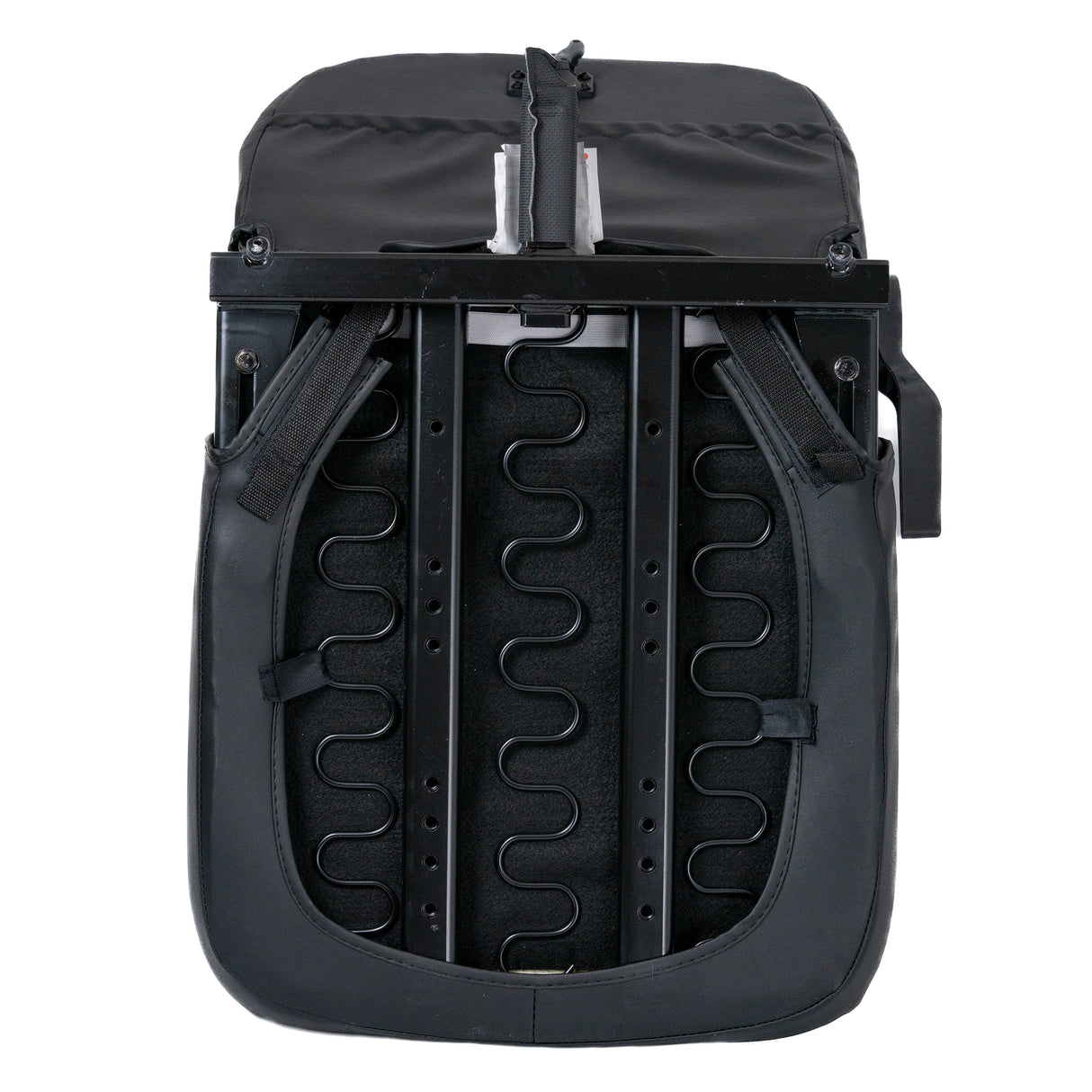 18x18- 20 Hi-Back Black Vinyl Limited Recline Seat with metal frame, black fabric, and black straps, compatible with Jazzy 600 ES and Select 6 models.