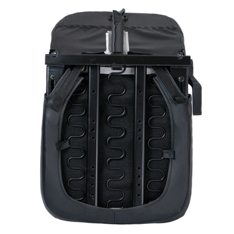 18x18- 20 Hi-Back Black Vinyl Limited Recline Seat with metal frame, black fabric, and black straps, compatible with Jazzy 600 ES and Select 6 models.