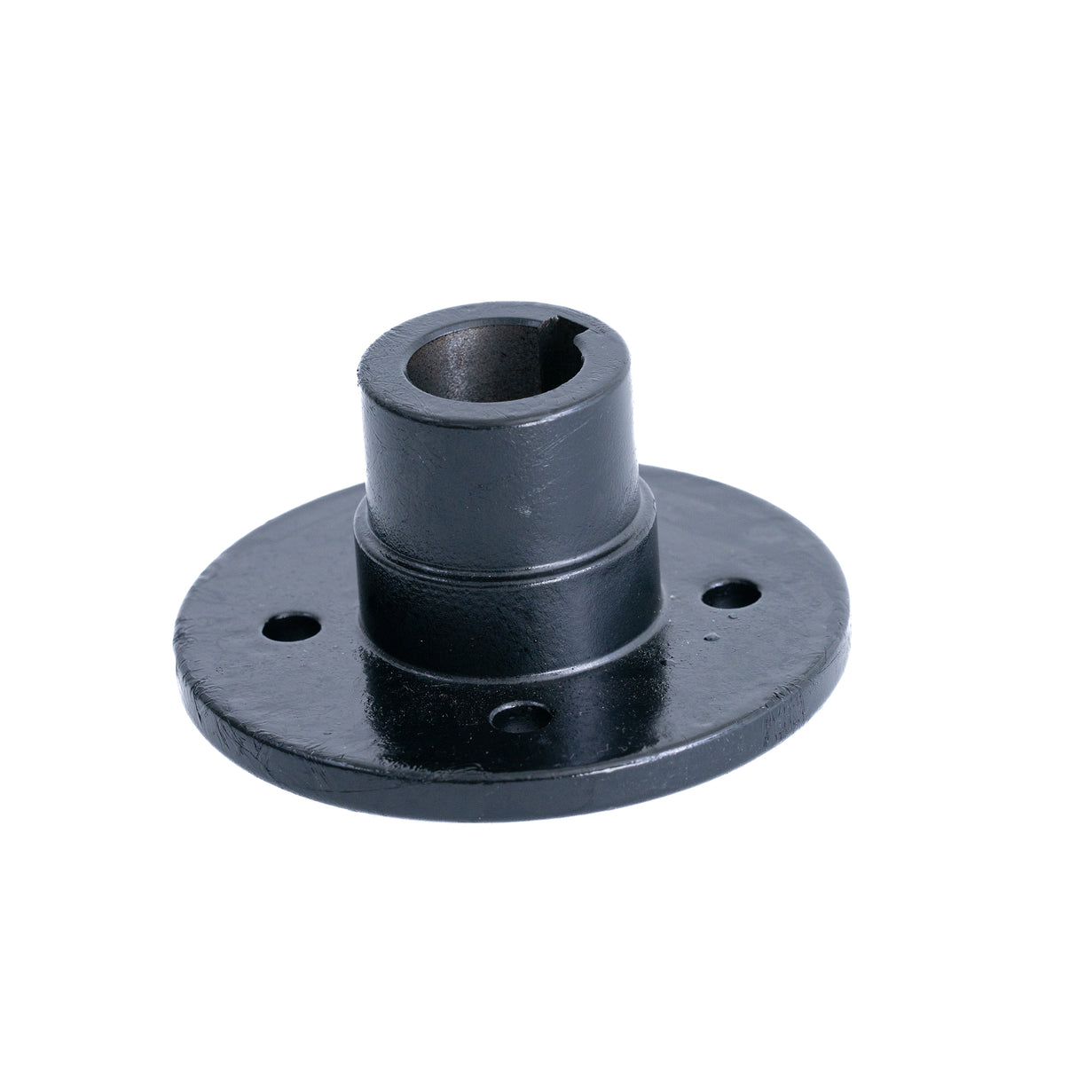 Rear Hub for Shoprider Sprinter XL4 Deluxe, a black metal cylinder with a central hole, designed to mount scooter wheel assembly rims to the transaxle assembly using four hex head bolts (not included).